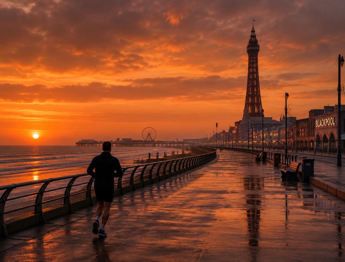 Runner on Blackpool promenade at sunrise